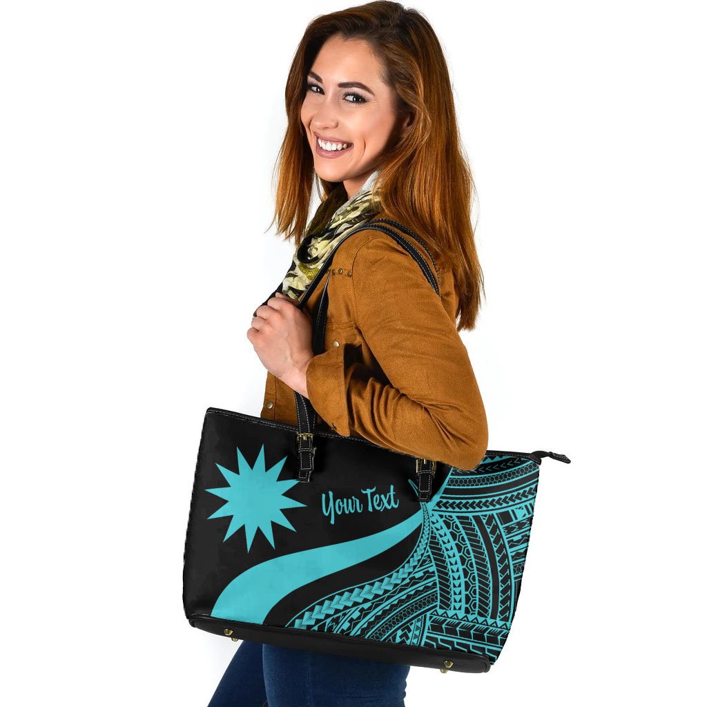 Nauru Custom Personalised Large Leather Tote Bag - Turquoise Polynesian Tentacle Tribal Pattern Turquoise - Polynesian Pride