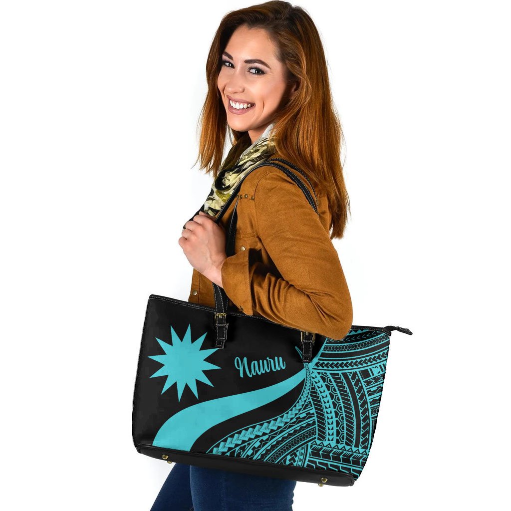 Nauru Large Leather Tote Bag - Turquoise Polynesian Tentacle Tribal Pattern Turquoise - Polynesian Pride