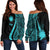 Nauru Women's Off Shoulder Sweater - Turquoise Polynesian Tentacle Tribal Pattern Turquoise - Polynesian Pride