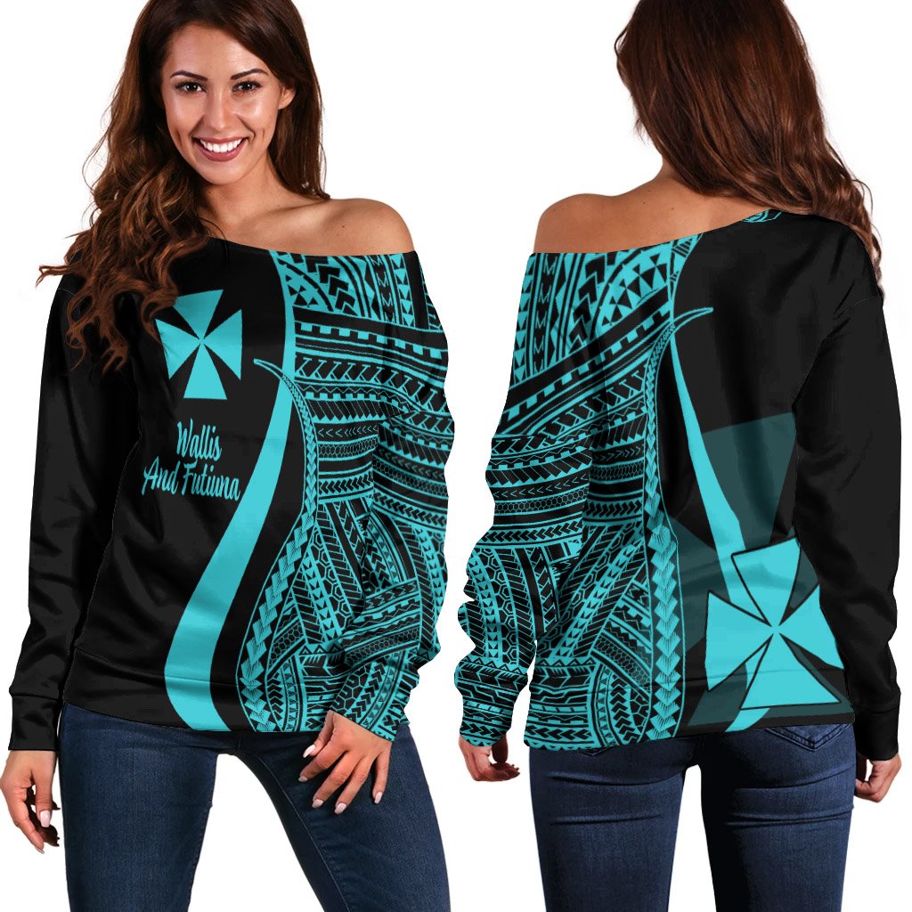 Wallis And Futuna Women's Off Shoulder Sweater - Turquoise Polynesian Tentacle Tribal Pattern Turquoise - Polynesian Pride