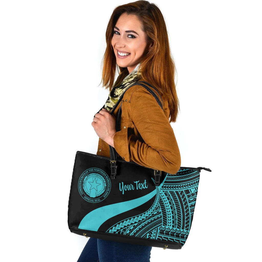 Northern Mariana Islands Custom Personalised Large Leather Tote Bag - Turquoise Polynesian Tentacle Tribal Pattern Turquoise - Polynesian Pride