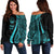 Marshall Islands Women's Off Shoulder Sweater - Turquoise Polynesian Tentacle Tribal Pattern Crest Turquoise - Polynesian Pride