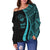 Marshall Islands Women's Off Shoulder Sweater - Turquoise Polynesian Tentacle Tribal Pattern Crest - Polynesian Pride