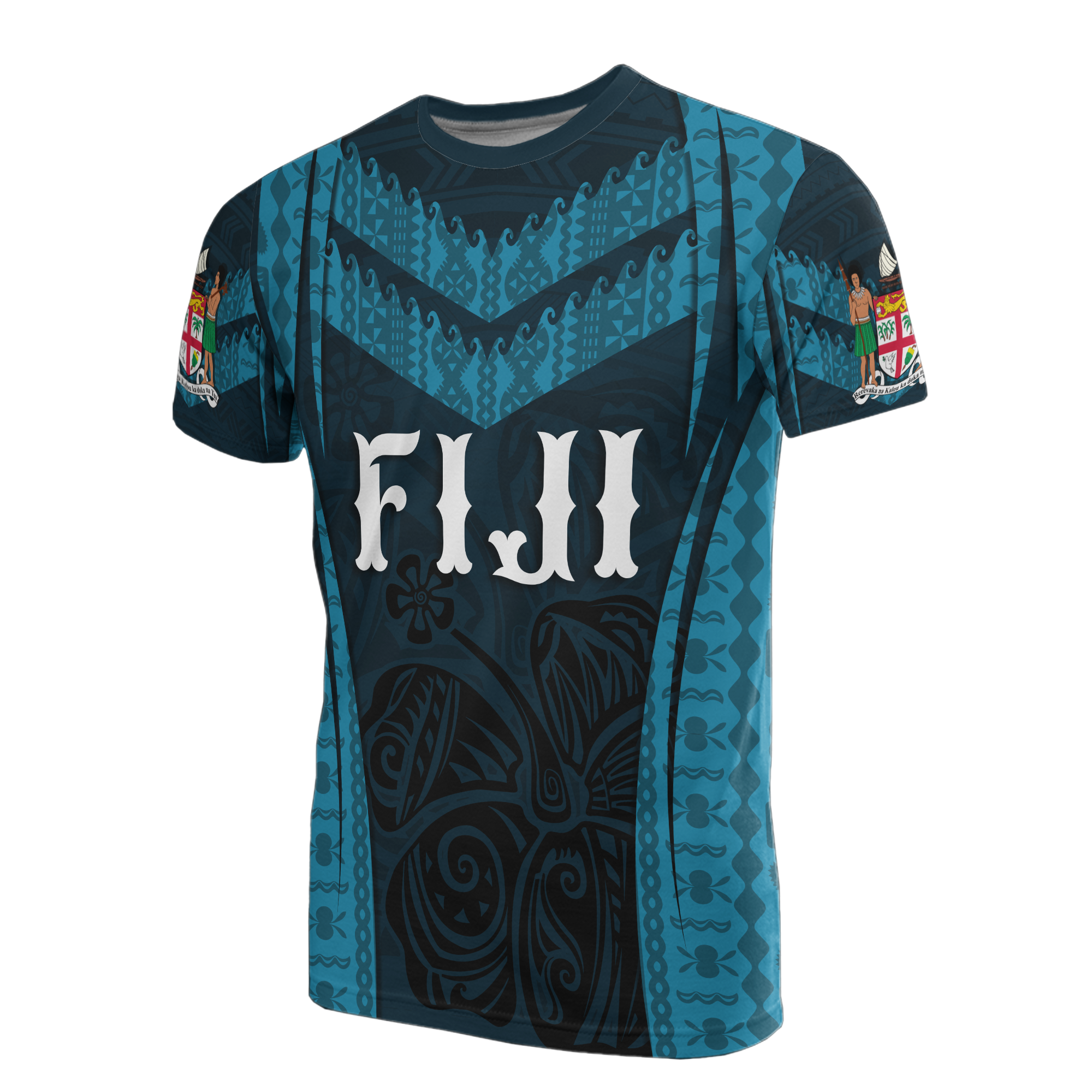 Fiji Taba T Shirt Fijian Coat of Arms Polynesian Hibiscus Unisex Blue - Polynesian Pride