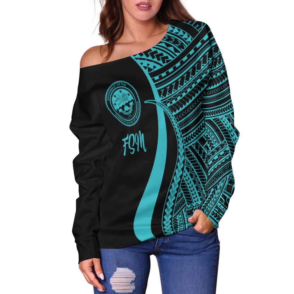 Federated States of Micronesia Women's Off Shoulder Sweater - Turquoise Polynesian Tentacle Tribal Pattern - Polynesian Pride