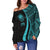 Federated States of Micronesia Women's Off Shoulder Sweater - Turquoise Polynesian Tentacle Tribal Pattern - Polynesian Pride