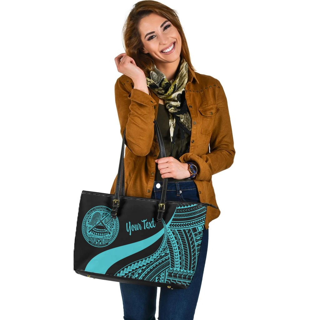 American Samoa Custom Personalised Large Leather Tote Bag - Turquoise Polynesian Tentacle Tribal Pattern - Polynesian Pride