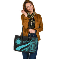 Northern Mariana Islands Custom Personalised Large Leather Tote Bag - Turquoise Polynesian Tentacle Tribal Pattern - Polynesian Pride