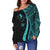 Yap Women's Off Shoulder Sweater - Turquoise Polynesian Tentacle Tribal Pattern - Polynesian Pride