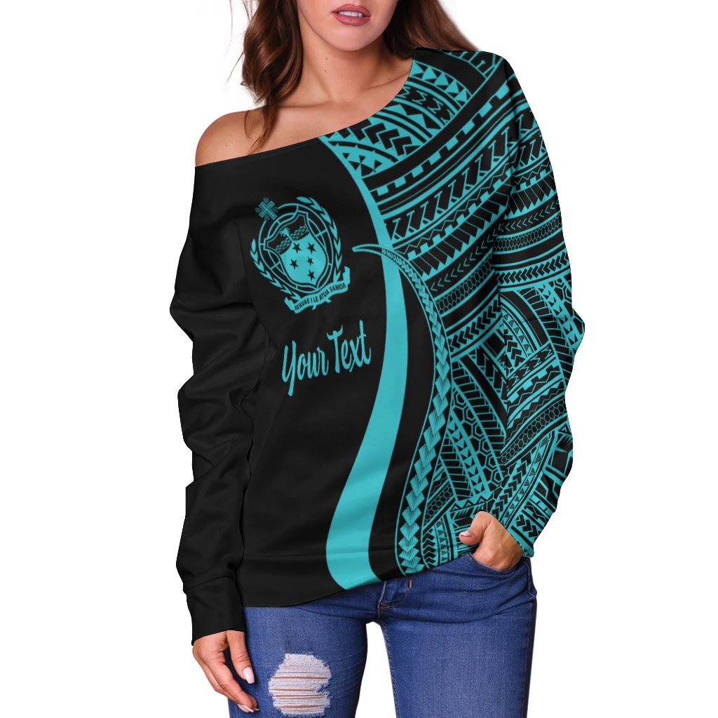 Samoa Custom Personalised Women's Off Shoulder Sweater - Turquoise Polynesian Tentacle Tribal Pattern - Polynesian Pride