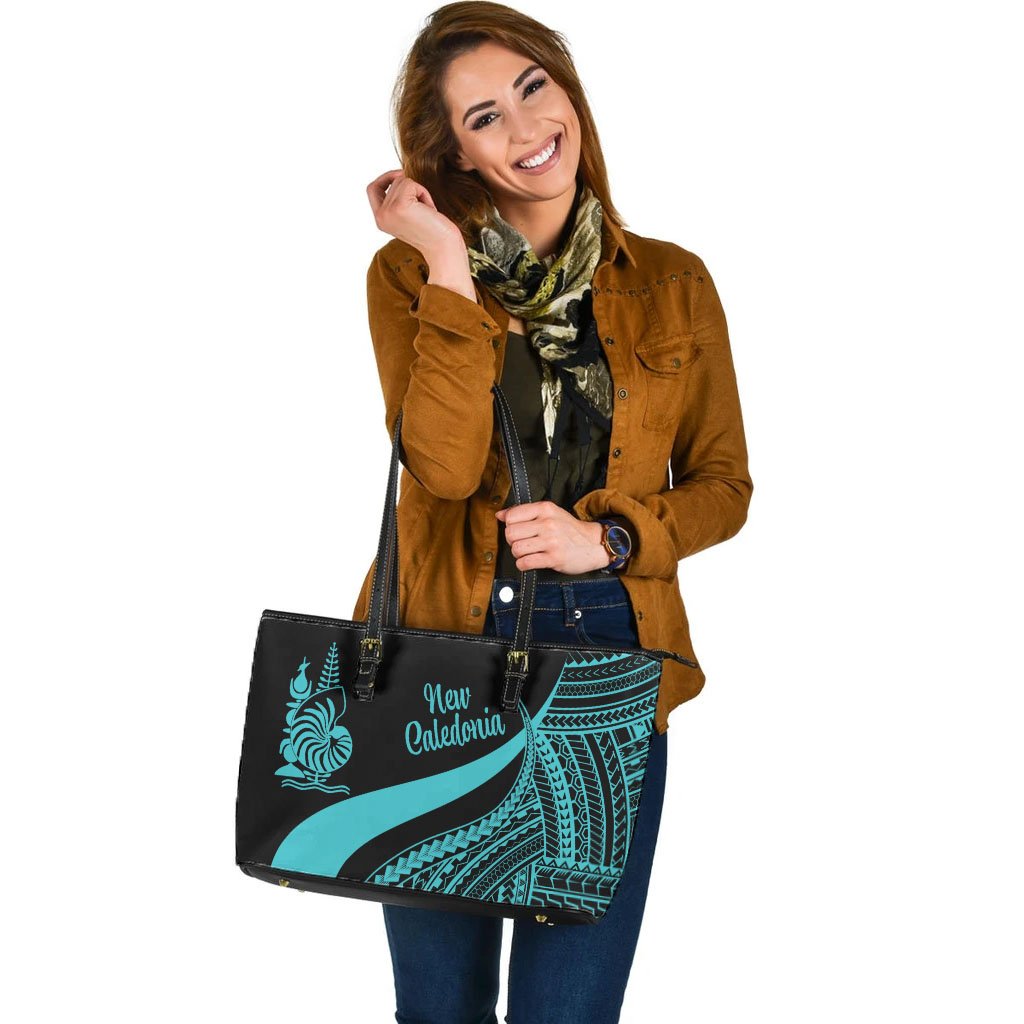 New Caledonia Large Leather Tote Bag - Turquoise Polynesian Tentacle Tribal Pattern Crest - Polynesian Pride