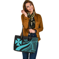 Wallis And Futuna Large Leather Tote Bag - Turquoise Polynesian Tentacle Tribal Pattern - Polynesian Pride