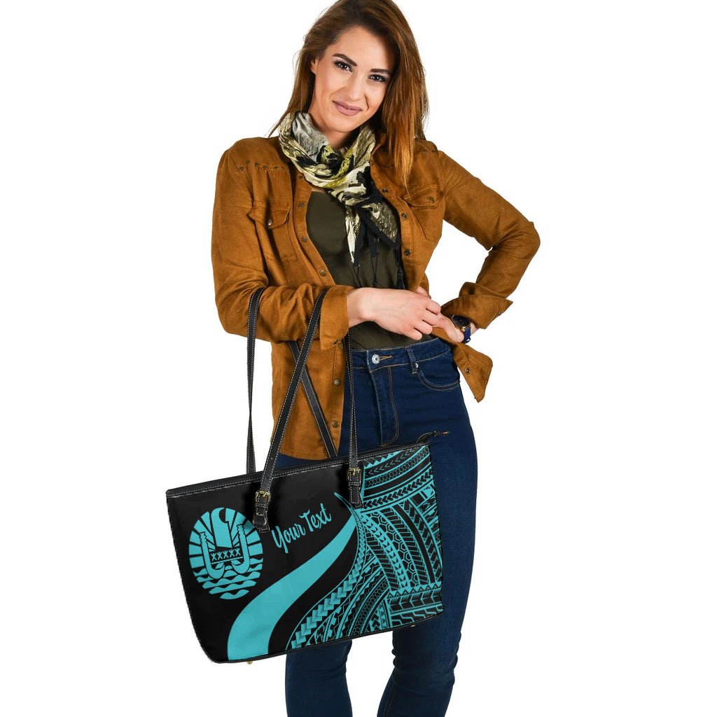 Tahiti Custom Personalised Large Leather Tote Bag - Turquoise Polynesian Tentacle Tribal Pattern - Polynesian Pride
