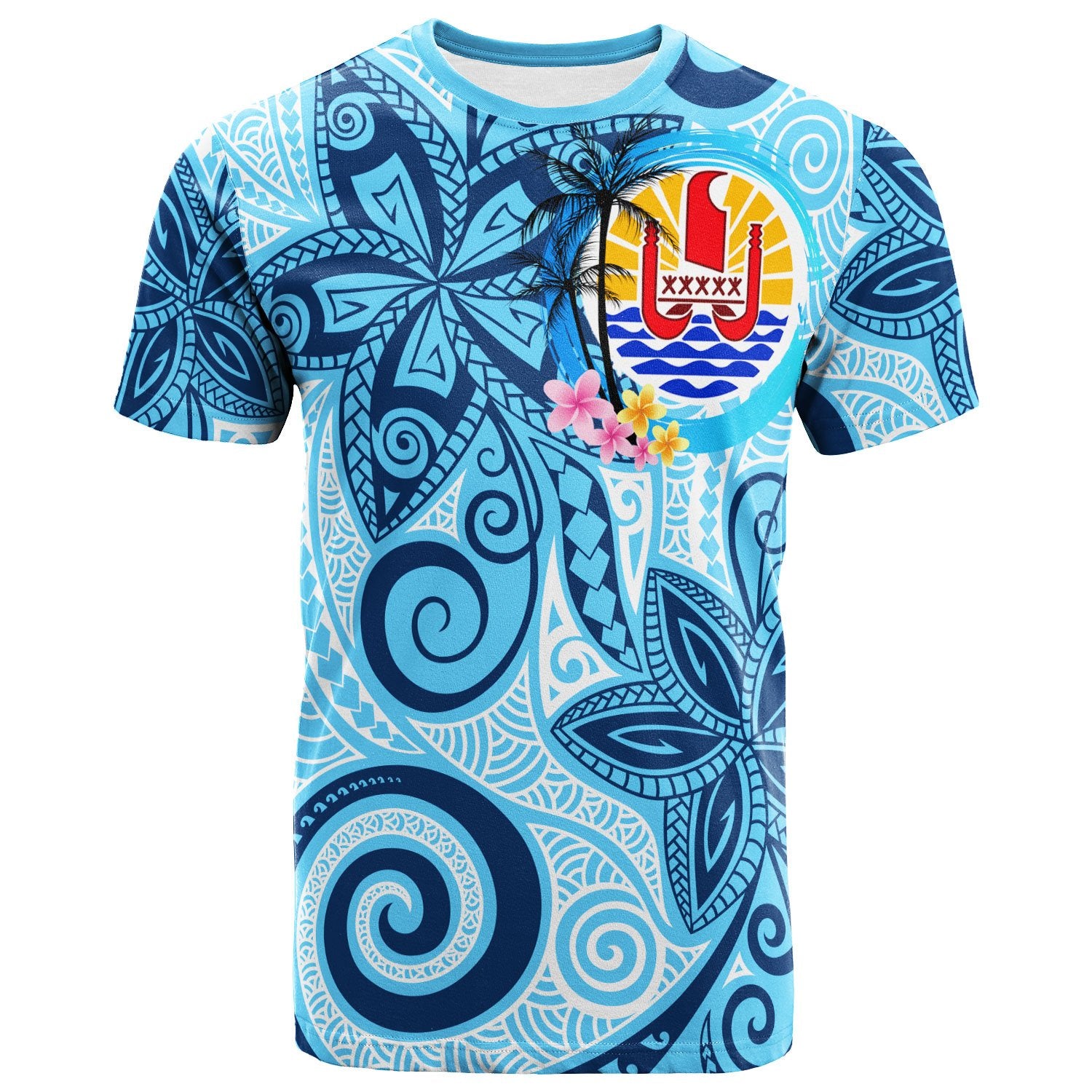 Tahiti T Shirt Tribal Plumeria Pattern Unisex Blue - Polynesian Pride