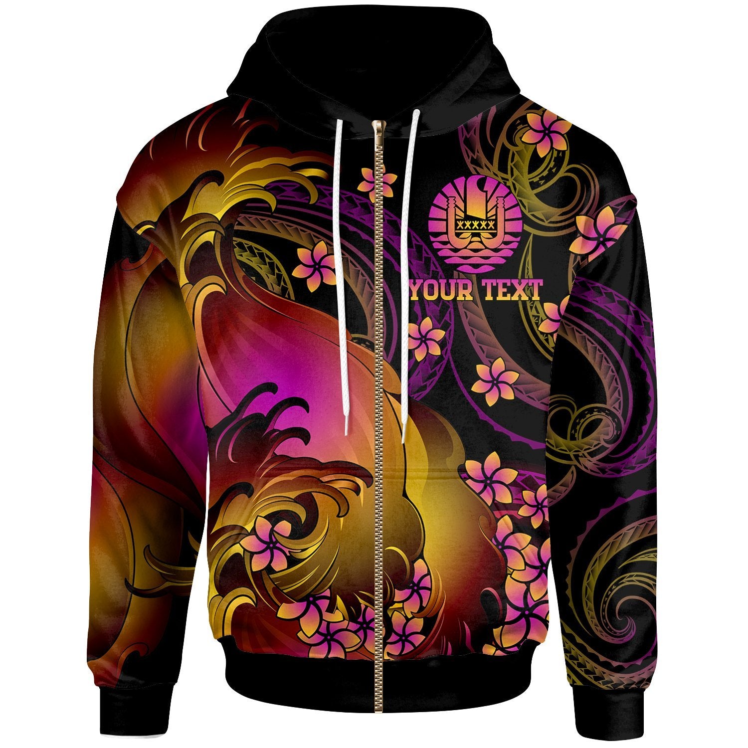 Tahiti Custom Zip up Hoodie Tahiti in wave Unisex Black - Polynesian Pride