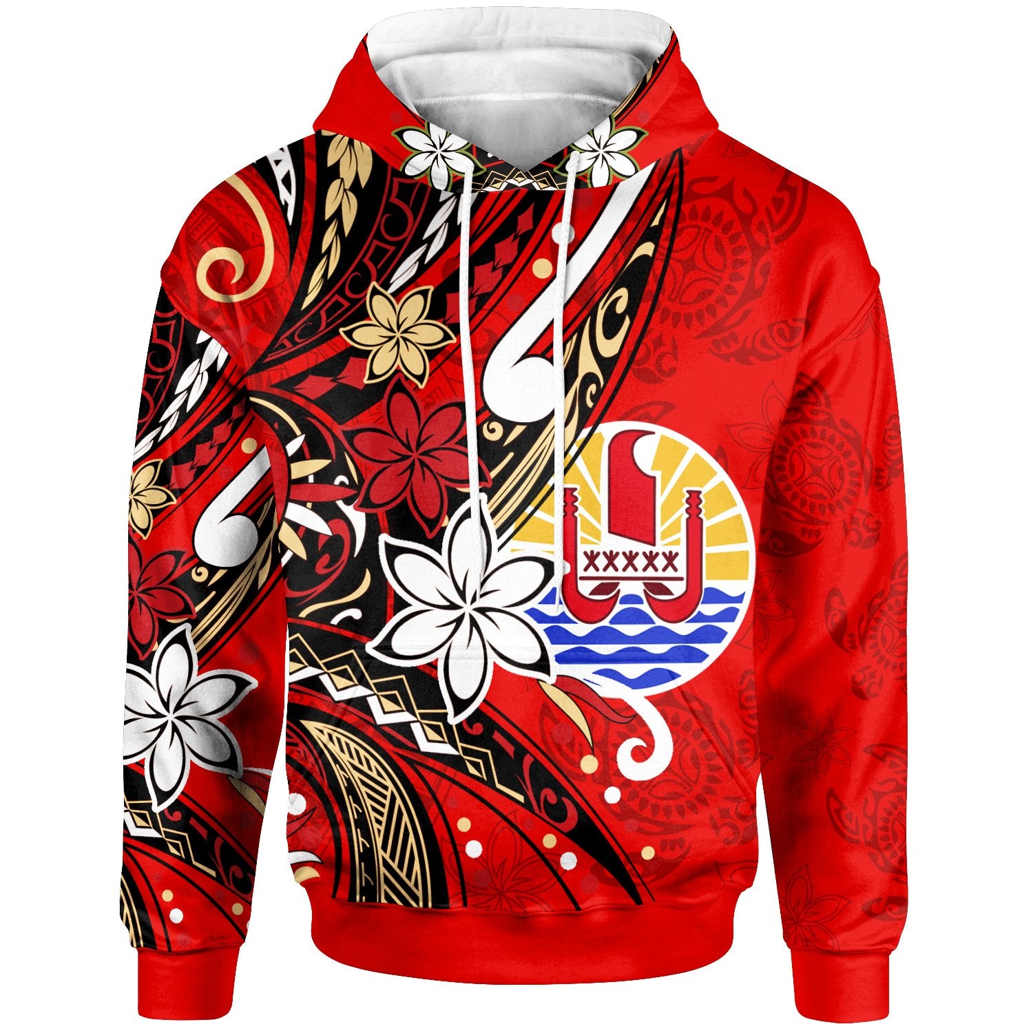 Tahiti Hoodie Tribal Flower With Special Turtles Red Color Unisex Red - Polynesian Pride