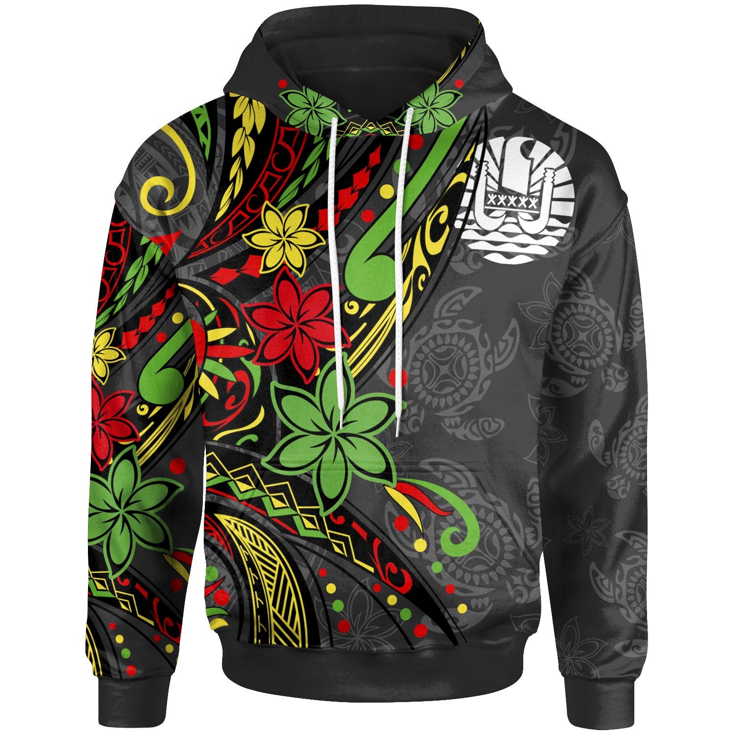 Tahiti Hoodie Tribal Flower With Special Turtles Unisex Black - Polynesian Pride