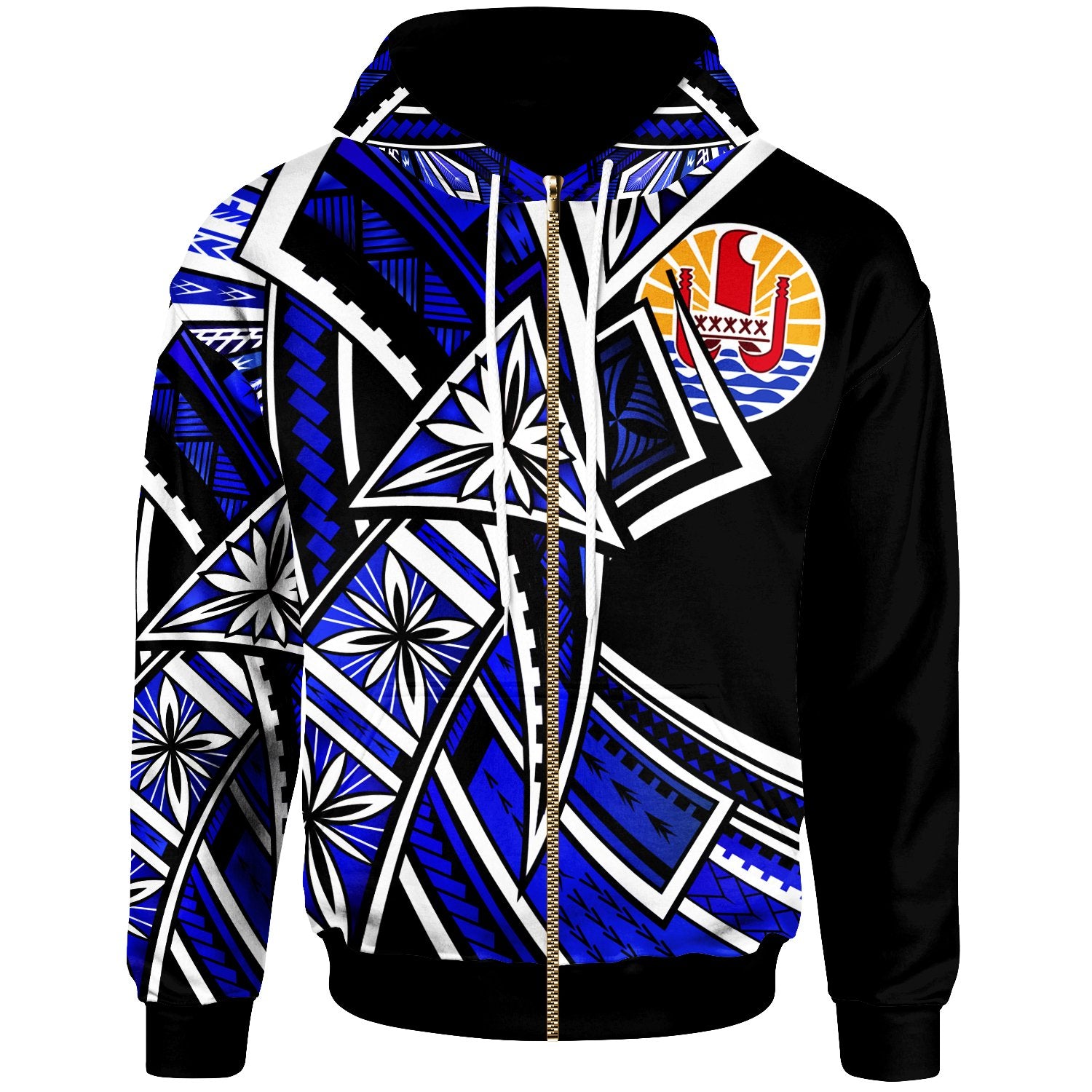 Tahiti Zip Hoodie Tribal Flower Special Pattern Blue Color Unisex Blue - Polynesian Pride
