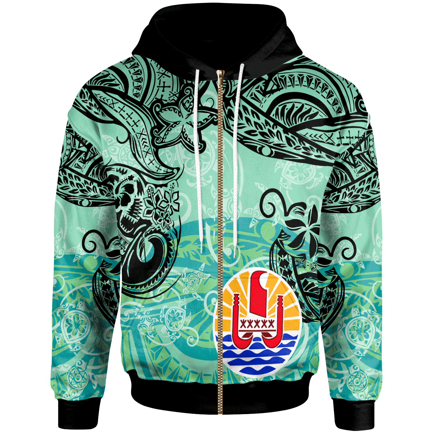 Tahiti Zip Hoodie Vintage Floral Pattern Green Color Unisex Green - Polynesian Pride