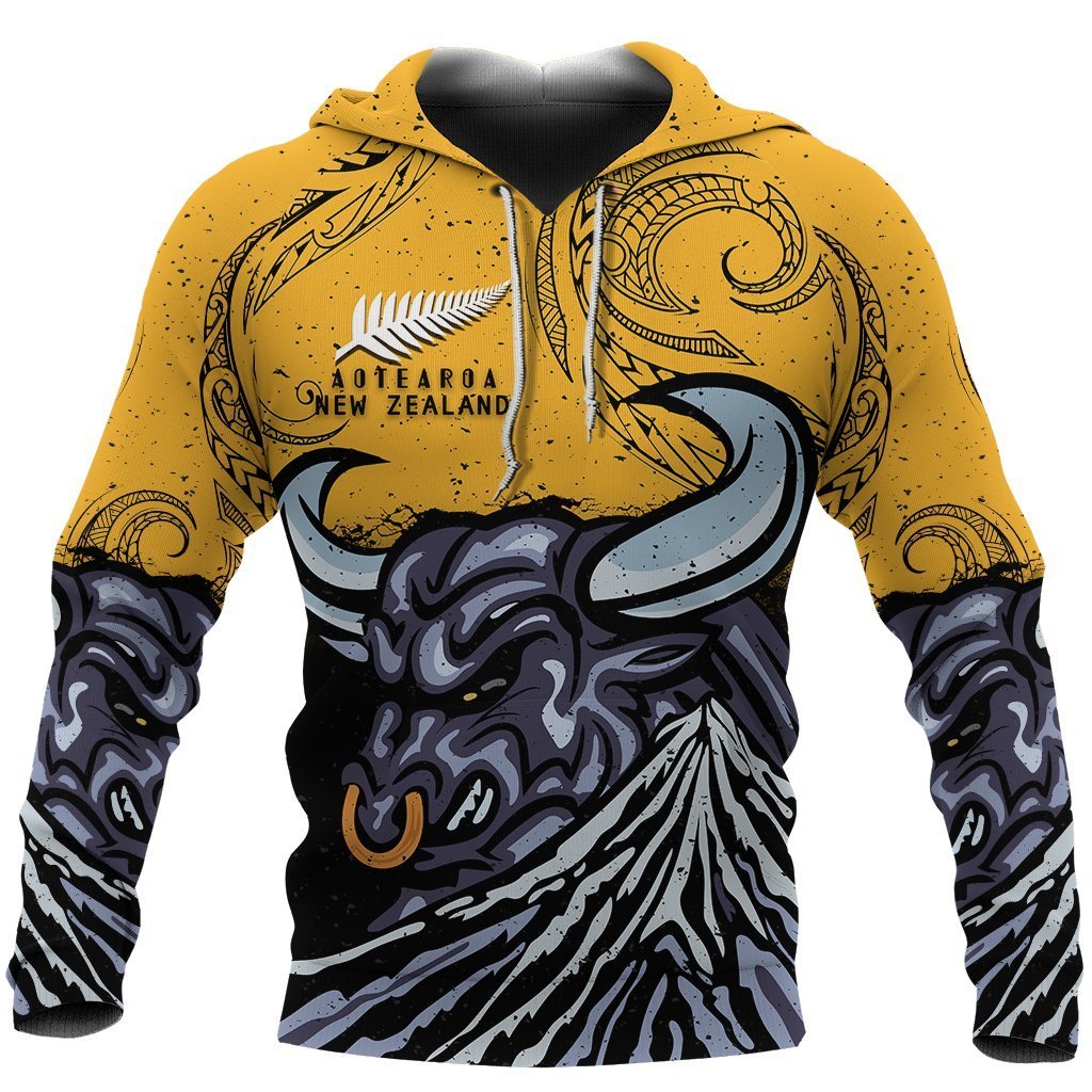 New Zealand Taranaki Hoodie, Maori Bull Pullover Hoodie Unisex Black - Polynesian Pride