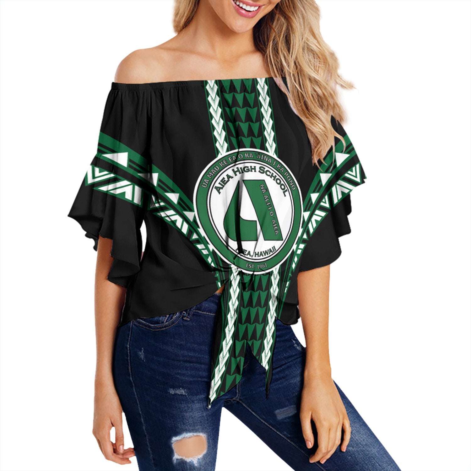 Hawaii - Aiea High Football Jersey Off Shoulder Waist Wrap Top - AH Female Green - Polynesian Pride