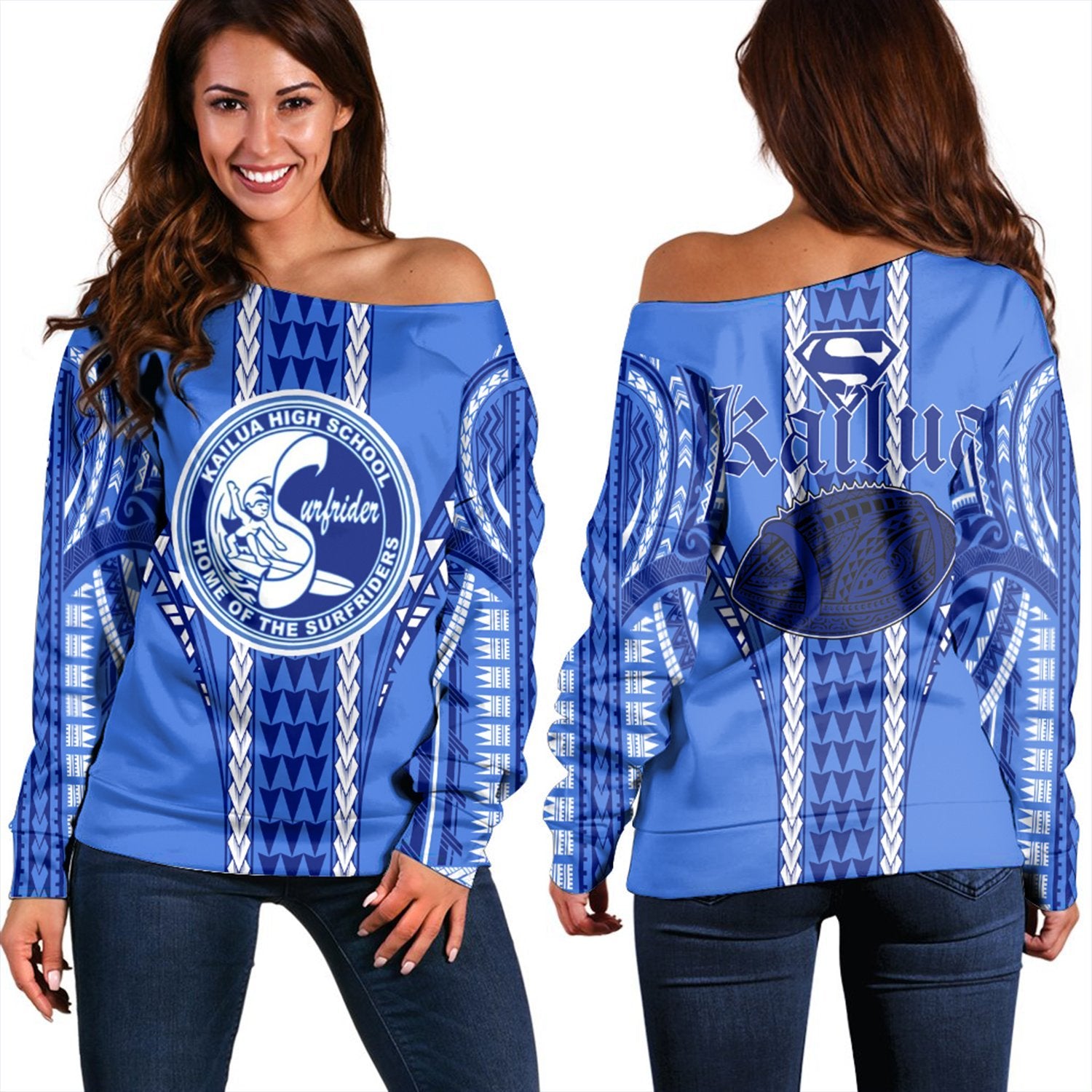 Hawaii - Kailua High Football Jersey Women's Off Shoulder Sweater - AH Blue - Polynesian Pride