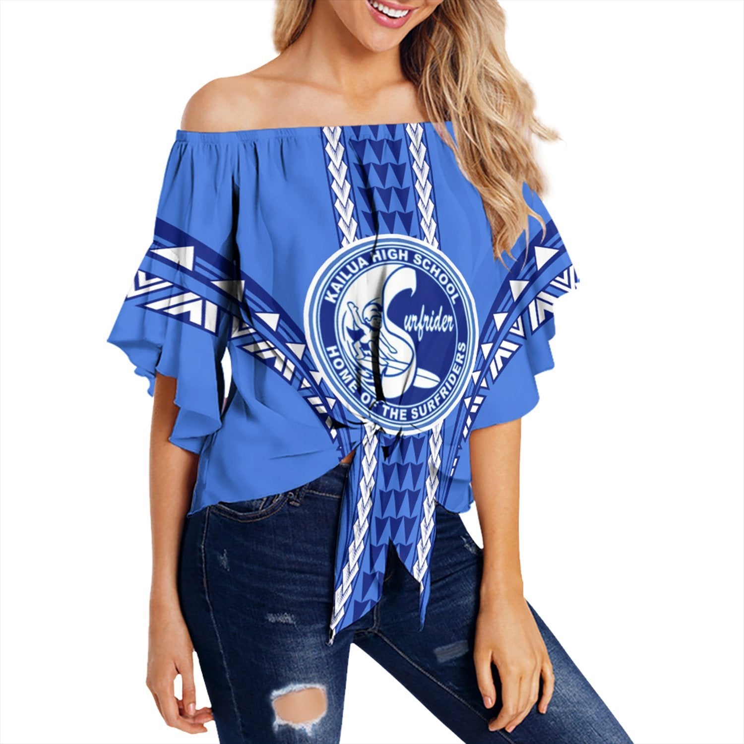 Hawaii - Kailua High Football Jersey Off Shoulder Waist Wrap Top - AH Female Blue - Polynesian Pride