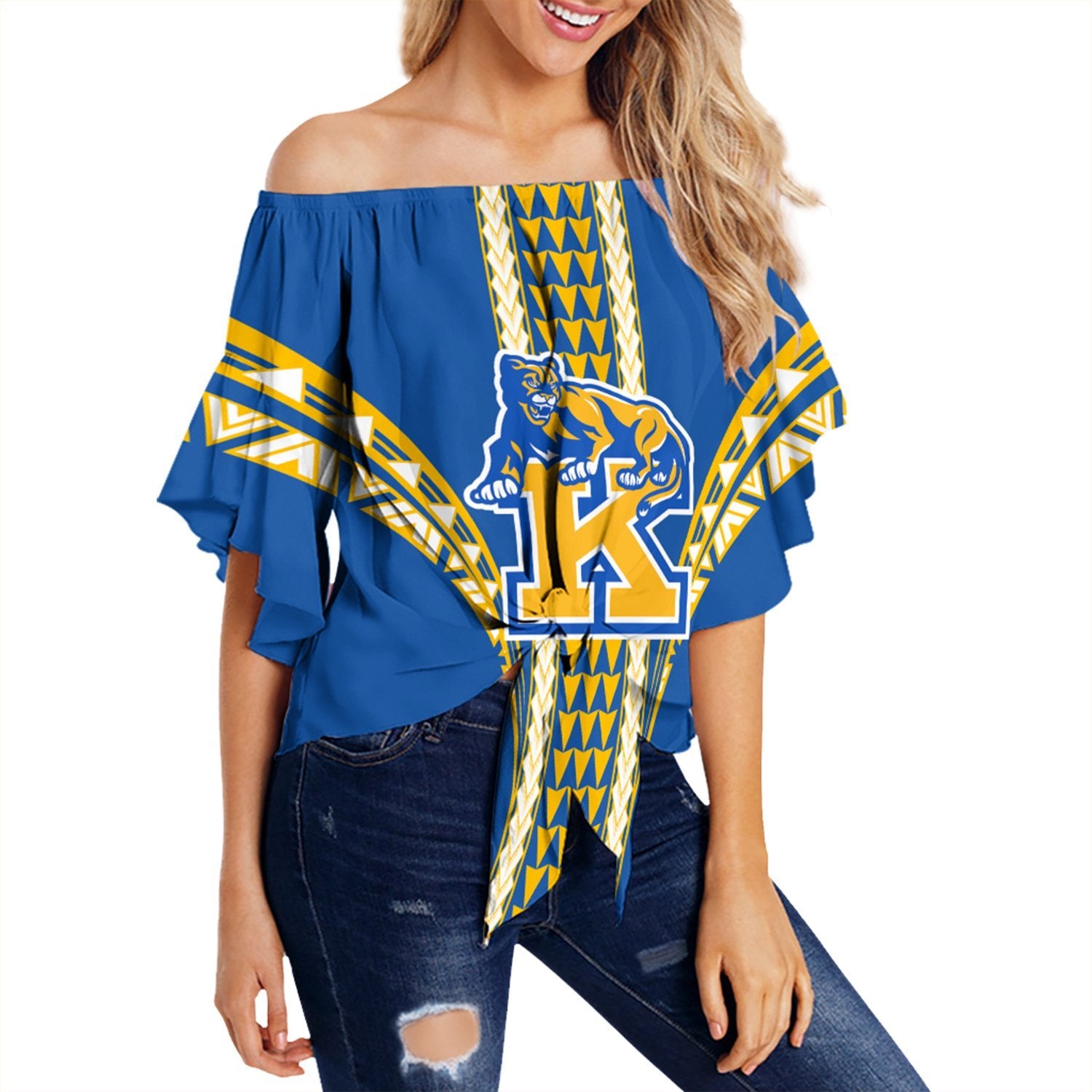 Hawaii - Kaiser High Football Jersey Off Shoulder Waist Wrap Top - AH Female Blue - Polynesian Pride