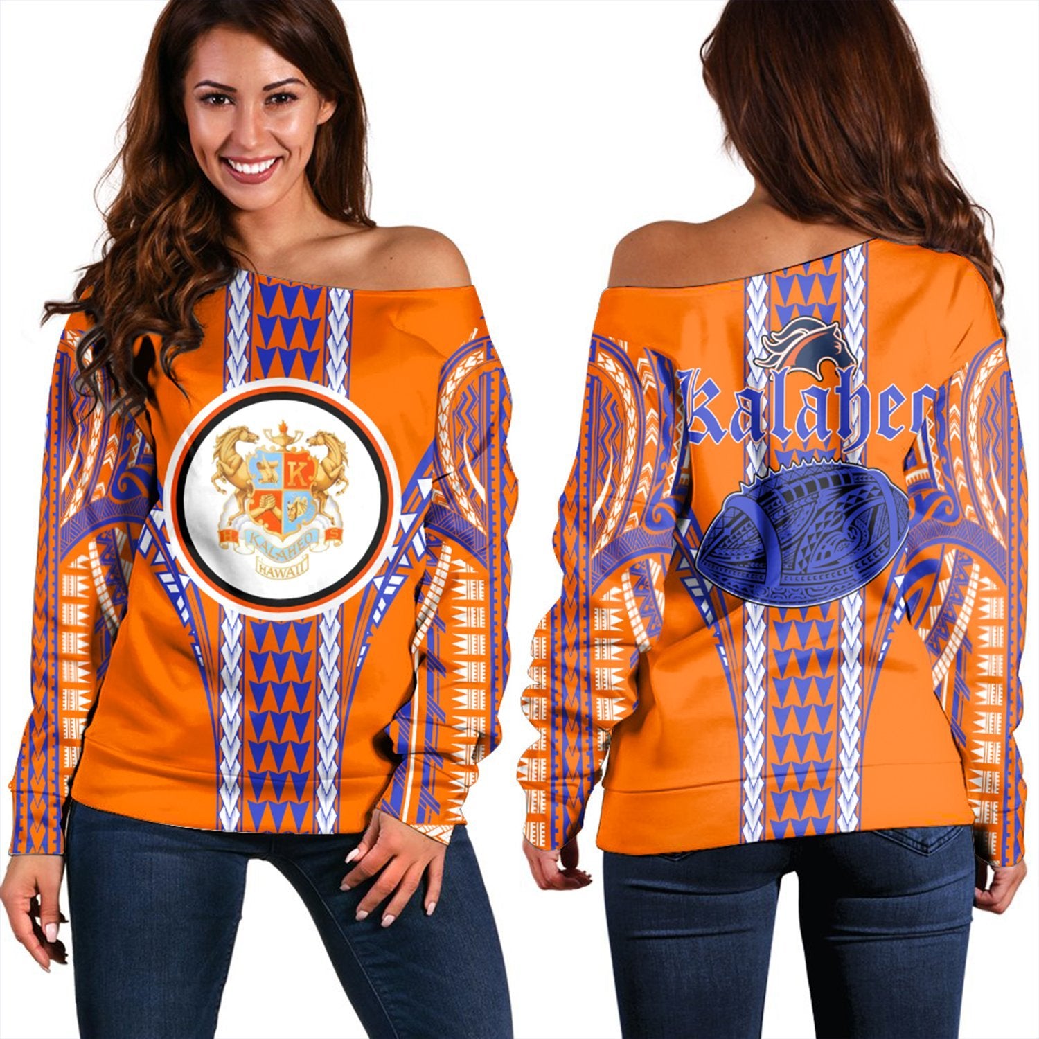 Hawaii - Kalaheo High Football Jersey Women's Off Shoulder Sweater - AH Orange - Polynesian Pride