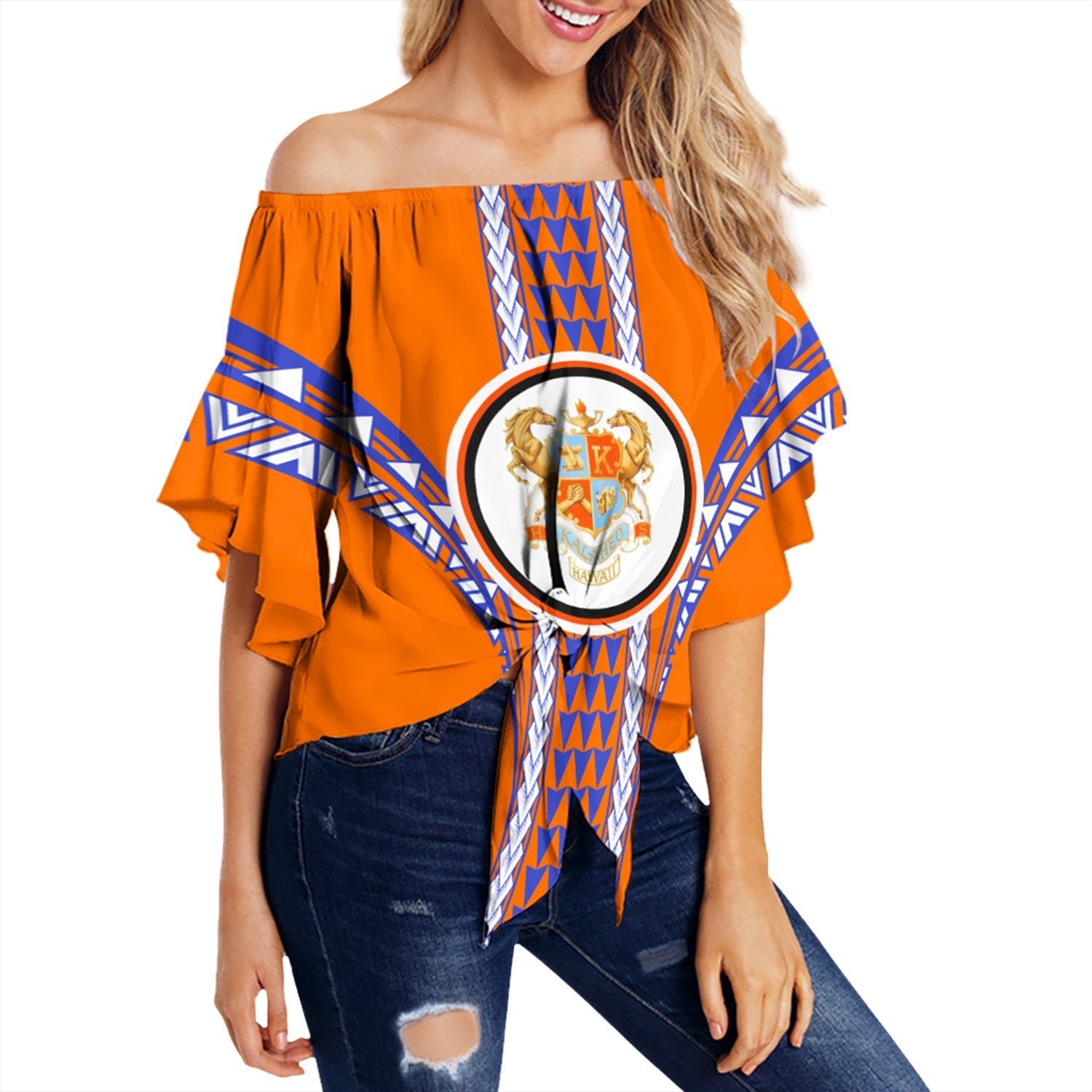 Hawaii - Kalaheo High Football Jersey Off Shoulder Waist Wrap Top - AH Female Orange - Polynesian Pride