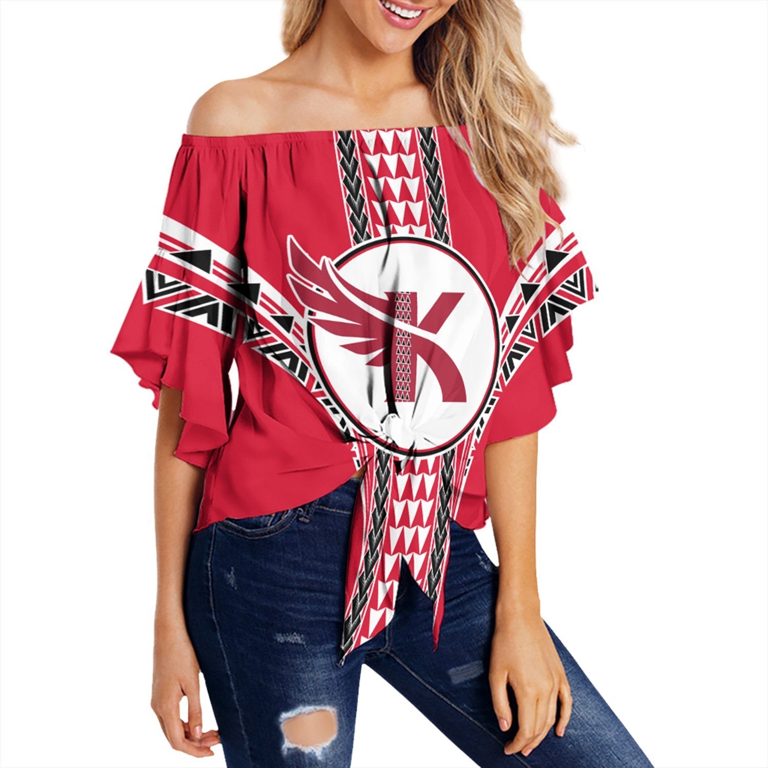 Hawaii - Kauai High Football Jersey Off Shoulder Waist Wrap Top - AH Female Pink - Polynesian Pride