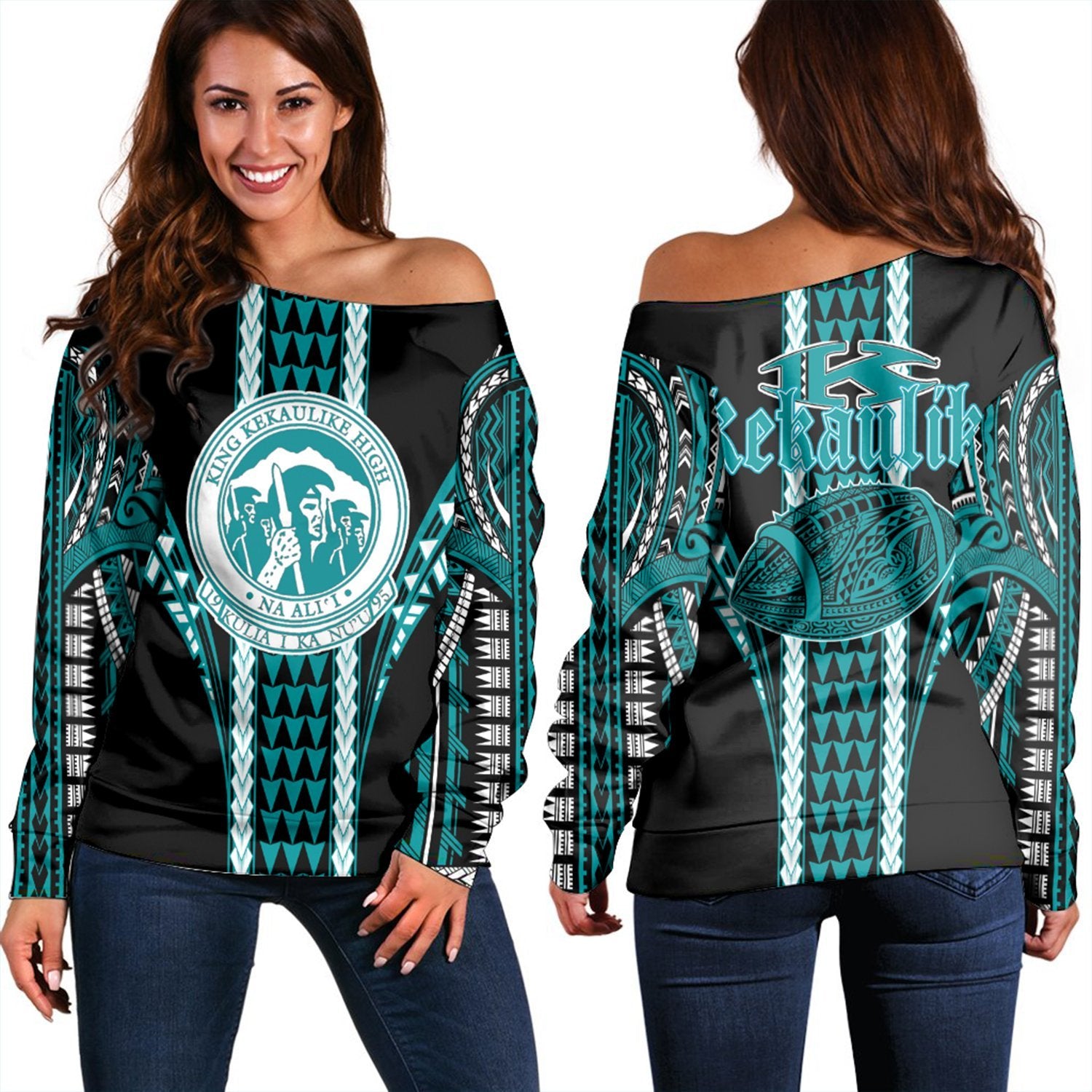 Hawaii - King Kekaulike High Football Jersey Women's Off Shoulder Sweater - AH Cyan - Polynesian Pride