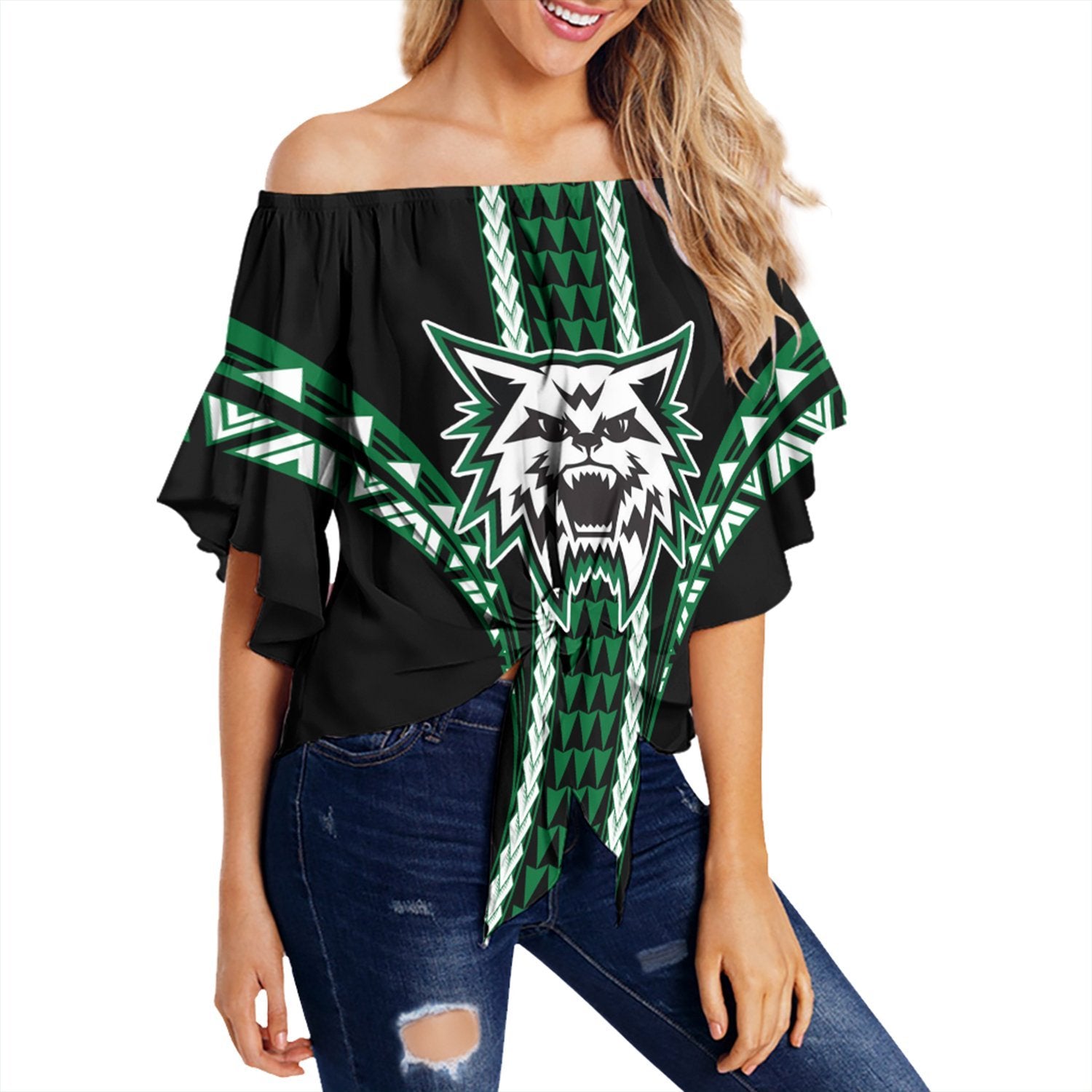 Hawaii - Konaweana High Football Jersey Off Shoulder Waist Wrap Top - AH Female Black - Polynesian Pride