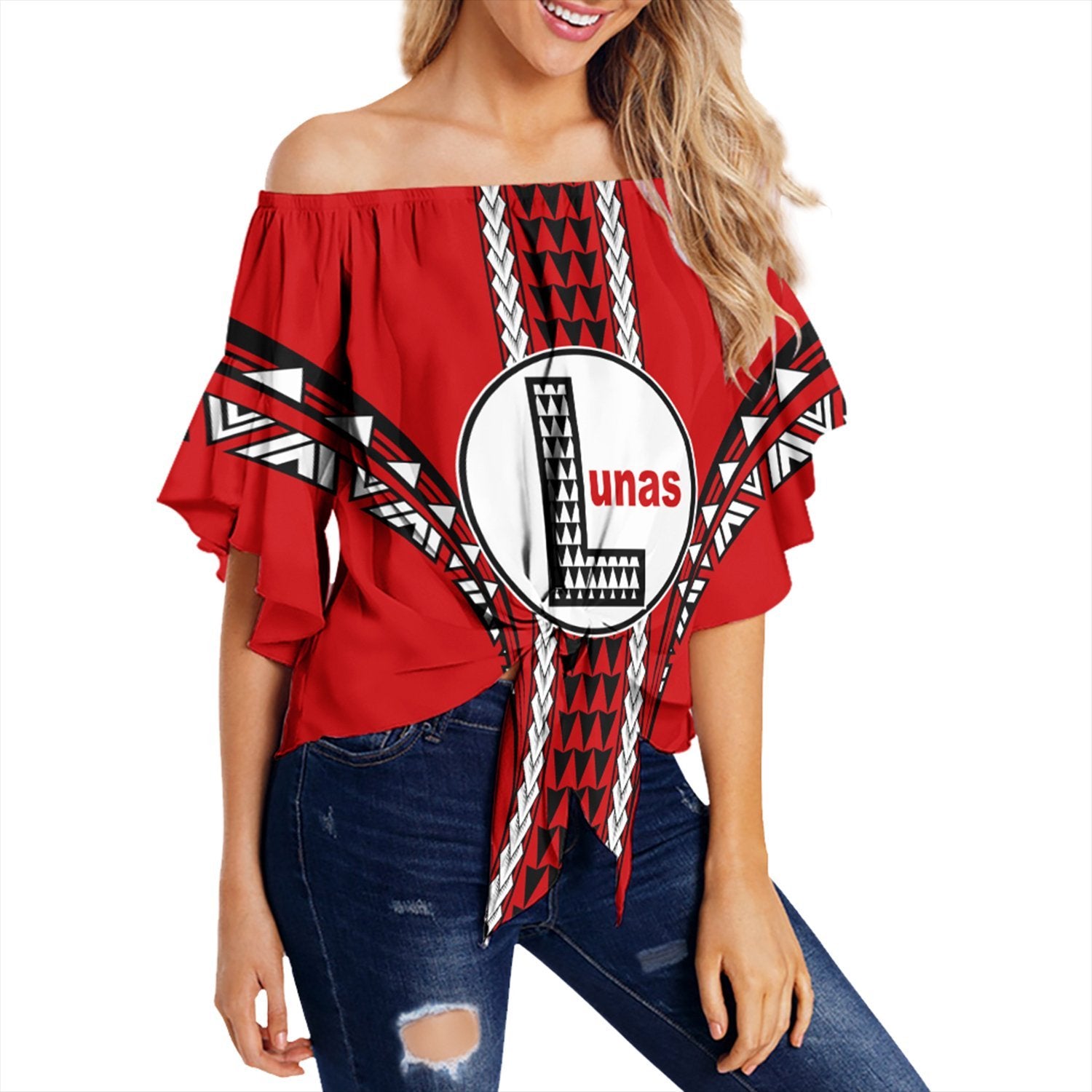 Hawaii - Lahainaluna High Football Jersey Off Shoulder Waist Wrap Top - AH Female Red - Polynesian Pride