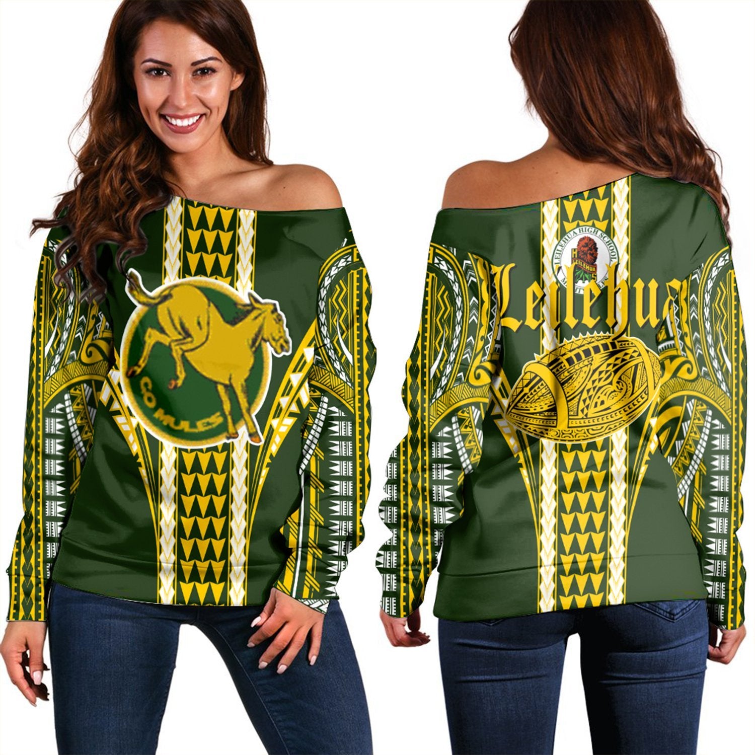 Hawaii - Leilehua High Football Jersey Women's Off Shoulder Sweater - AH Yellow - Polynesian Pride