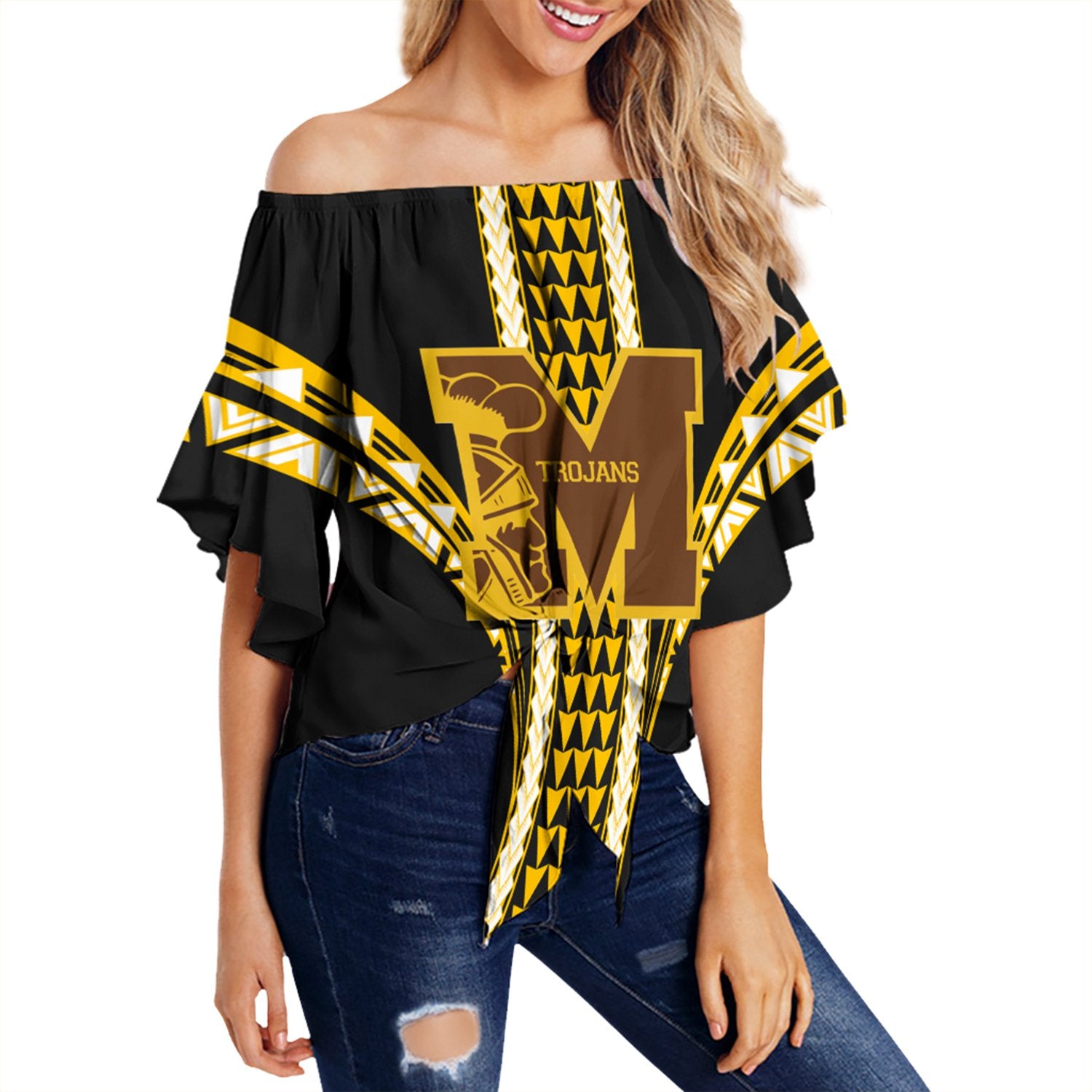 Hawaii - Mililani High Football Jersey Off Shoulder Waist Wrap Top - AH Female Yellow - Polynesian Pride