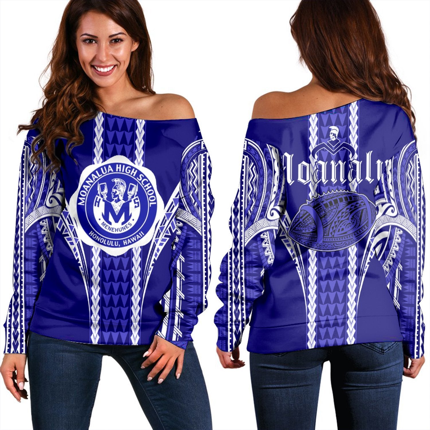 Hawaii - Moanalua High Football Jersey Women's Off Shoulder Sweater - AH Blue - Polynesian Pride