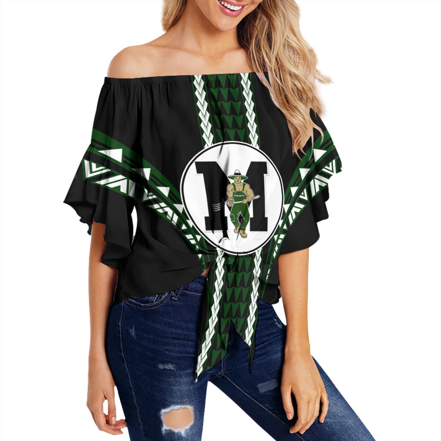 Hawaii - Molokai High Football Jersey Off Shoulder Waist Wrap Top - AH Female Green - Polynesian Pride