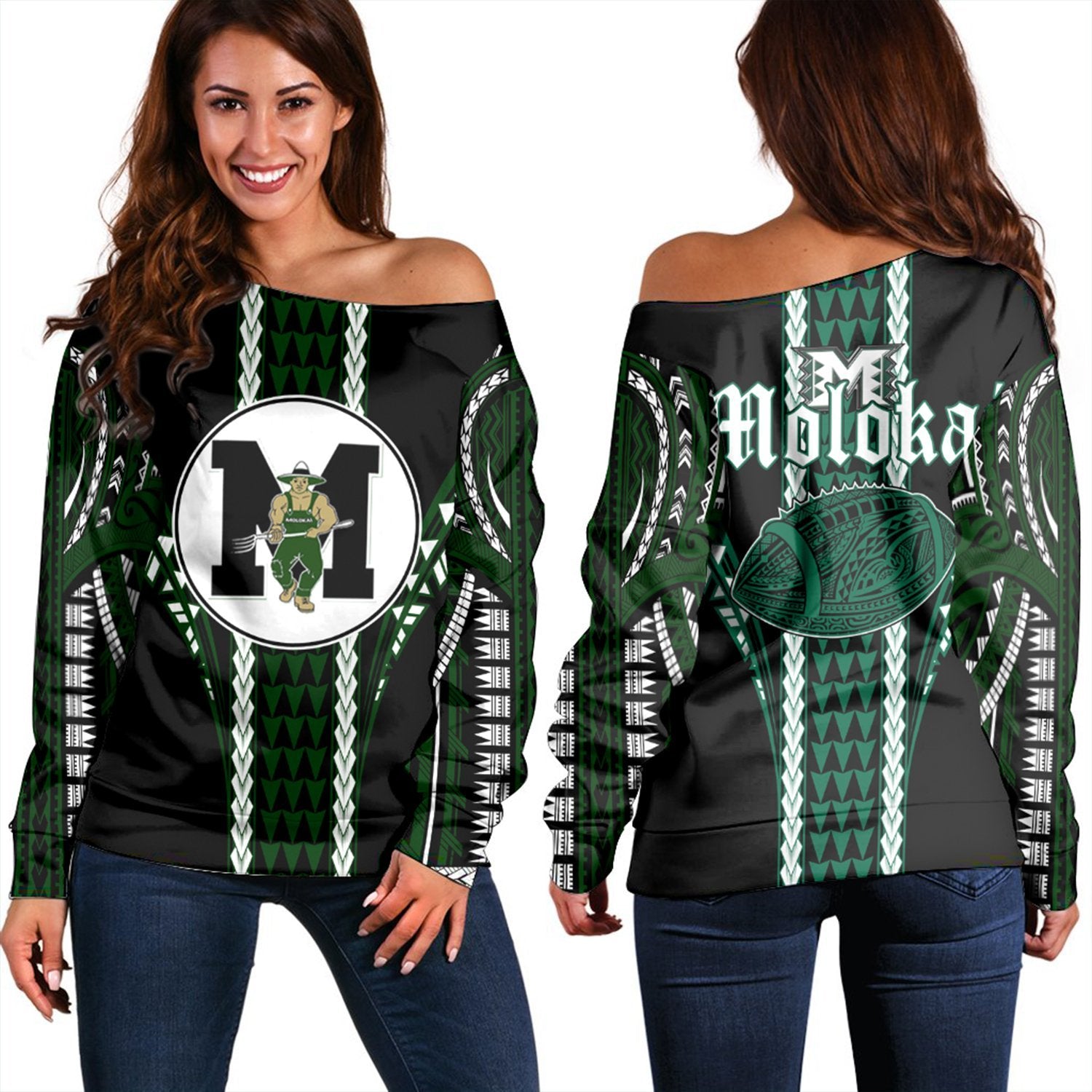 Hawaii - Molokai High Football Jersey Women's Off Shoulder Sweater - AH Green - Polynesian Pride