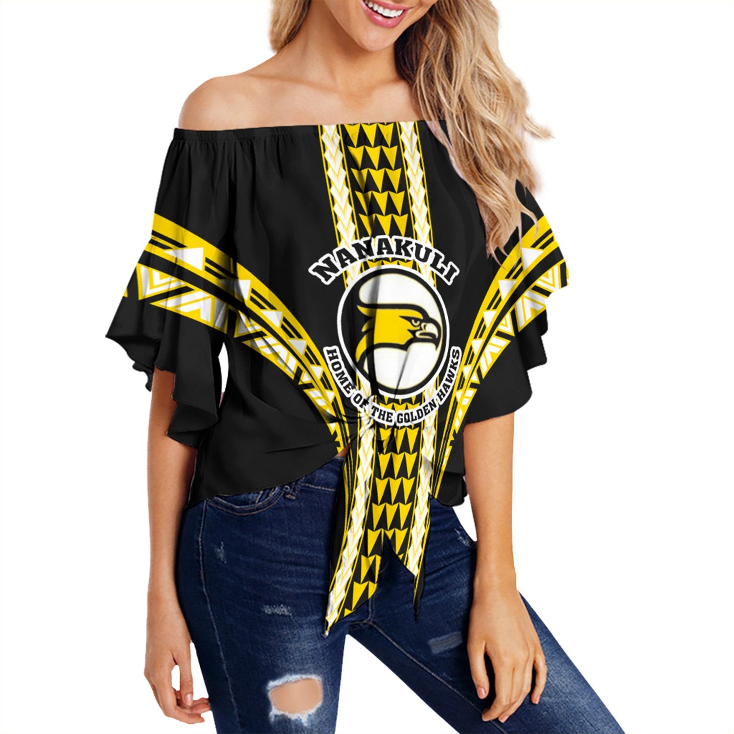 Hawaii - Nanakuli High Football Jersey Off Shoulder Waist Wrap Top - AH Female Yellow - Polynesian Pride