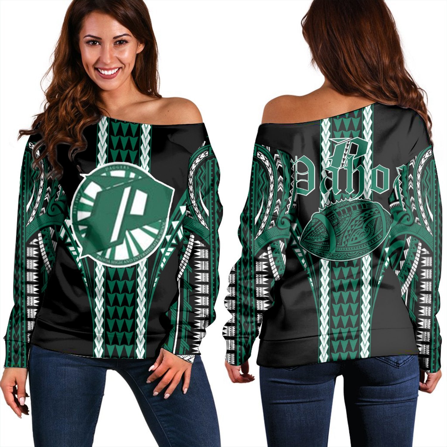 Hawaii - Pahoa High Football Jersey Women's Off Shoulder Sweater - AH Green - Polynesian Pride