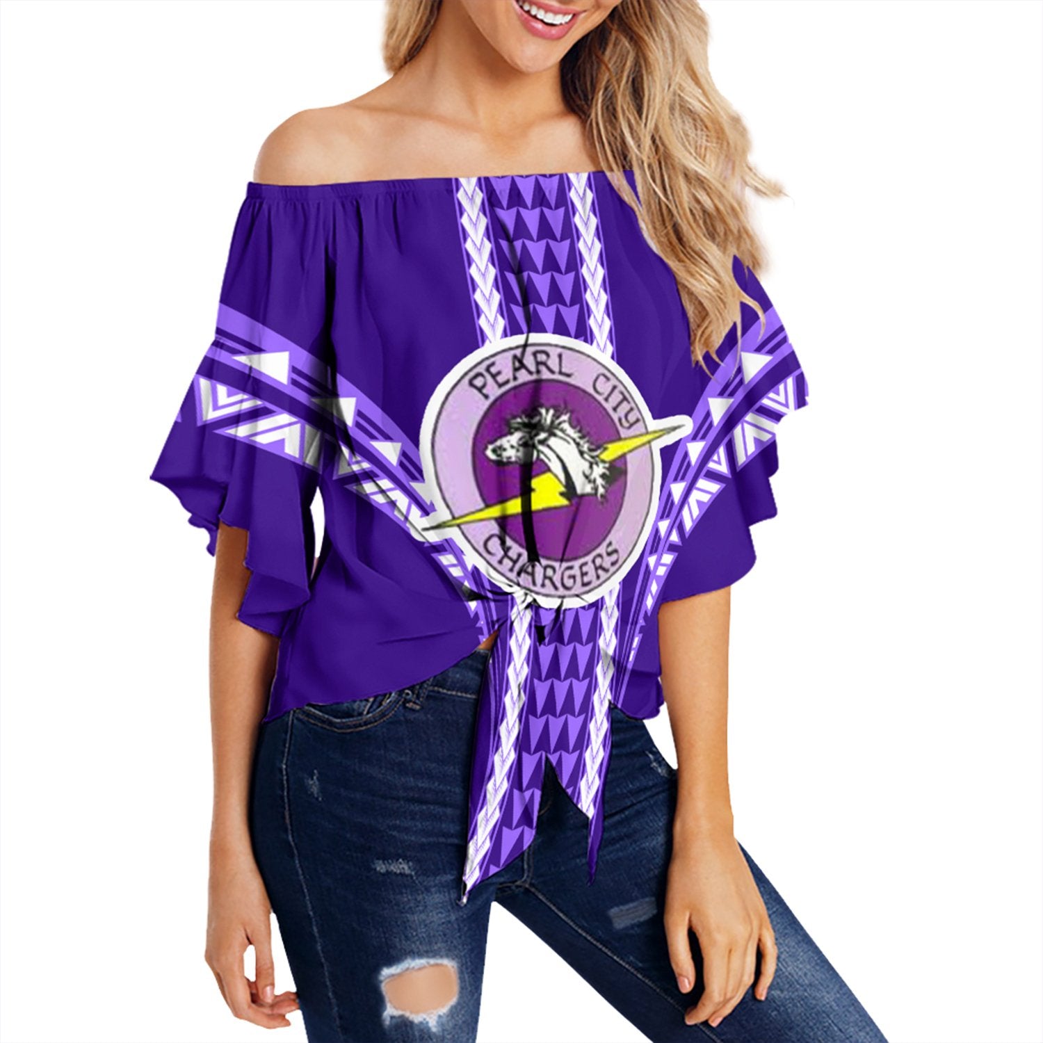 Hawaii - Pearl City High Football Jersey Off Shoulder Waist Wrap Top - AH Female Purple - Polynesian Pride