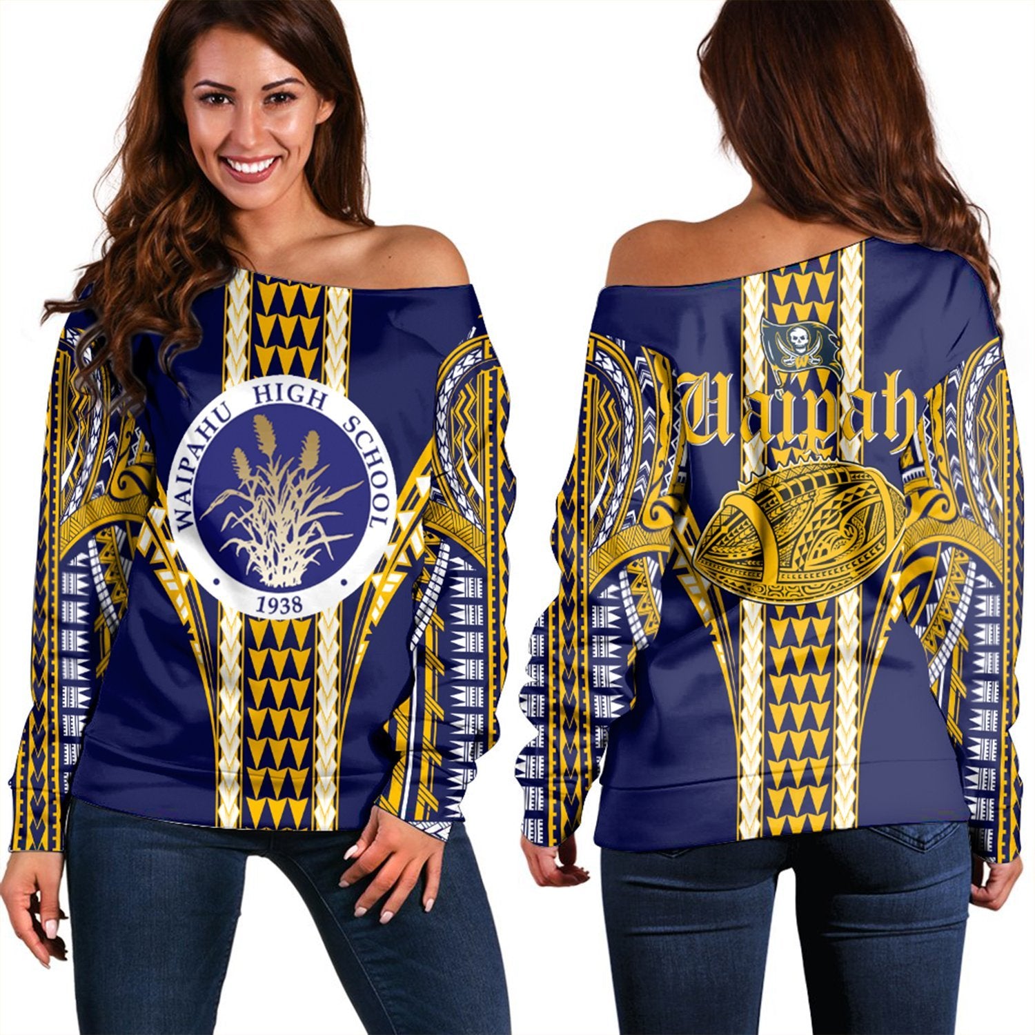 Hawaii - Waipahu High Football Jersey Women's Off Shoulder Sweater - AH Blue - Polynesian Pride