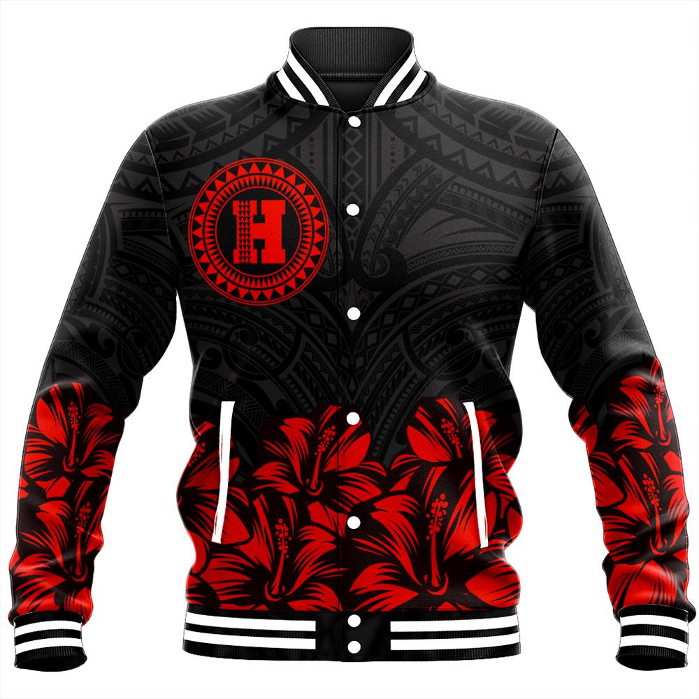 Hawaii Map Hibiscus Polynesian Baseball Jacket - Lithe Style - AH Unisex Red - Polynesian Pride