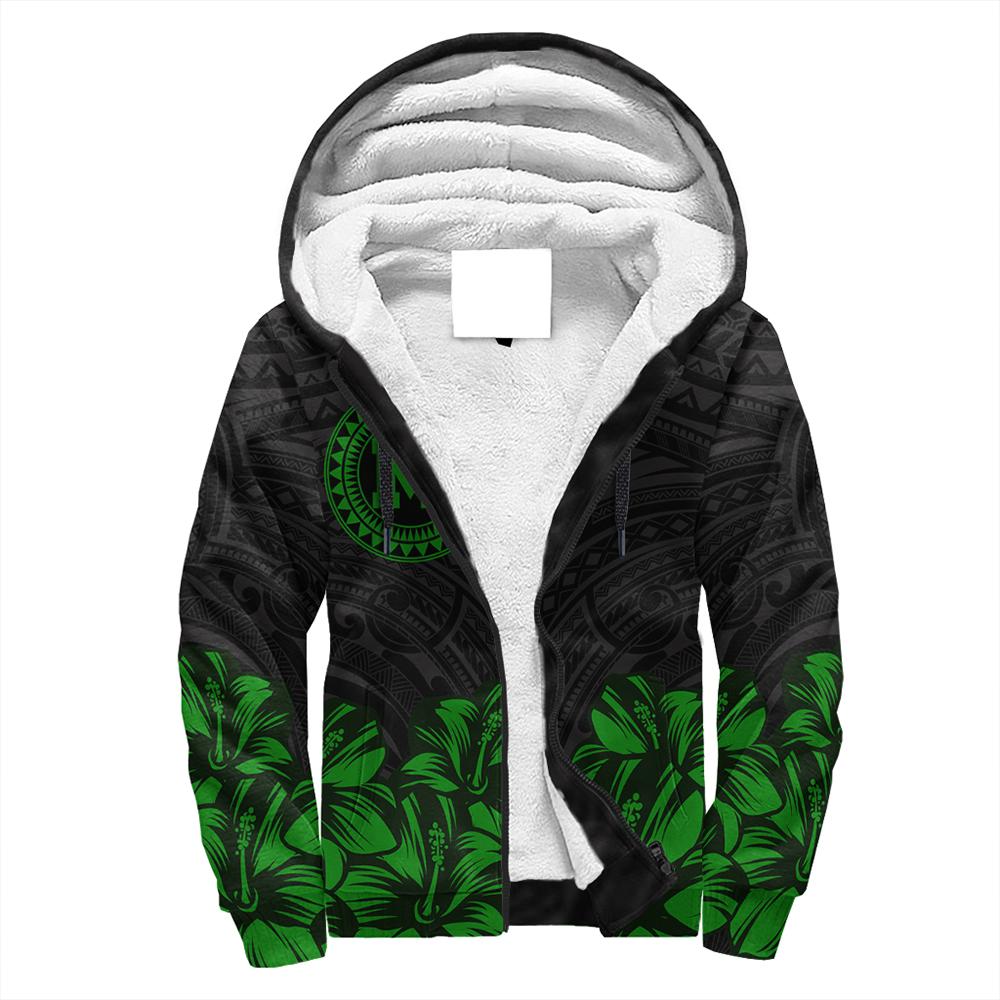 Molokai Map Hibiscus Polynesian Sherpa Hoodie - Lithe Style - AH Green - Polynesian Pride