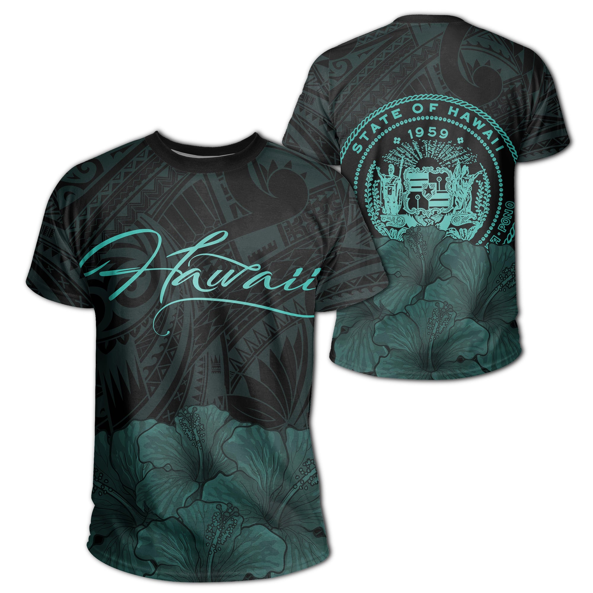 Hawaii Hibiscus Coat of Arm Polynesian T Shirt Turquoise Unisex Turquoise - Polynesian Pride