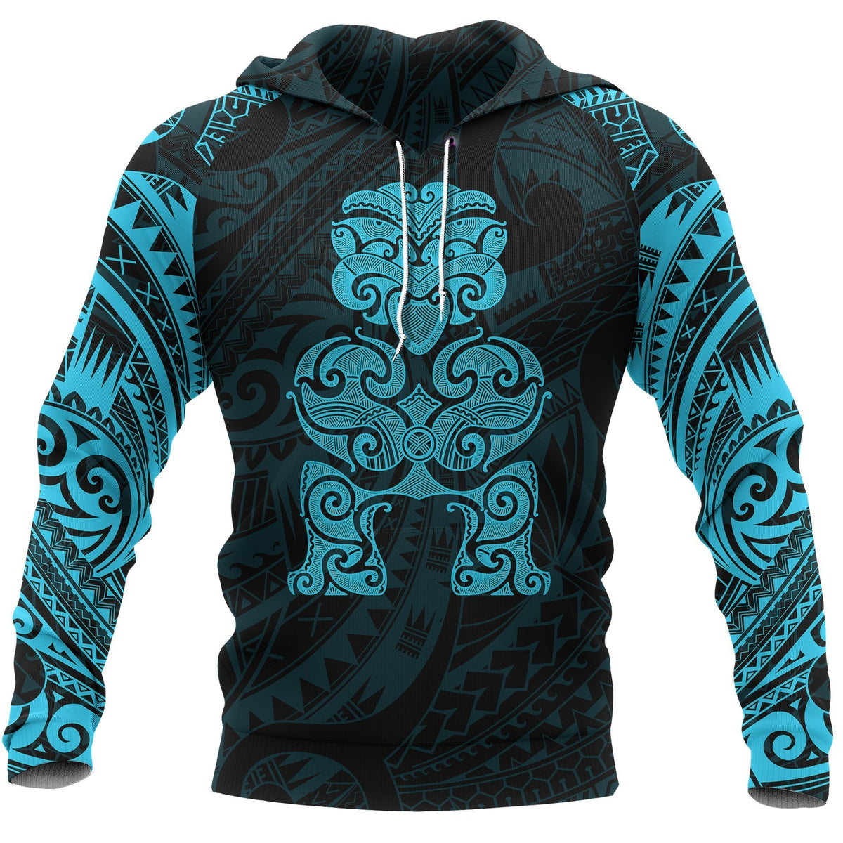 Tiki Maori Tattoo All Over Hoodie Blue Unisex Blue - Polynesian Pride