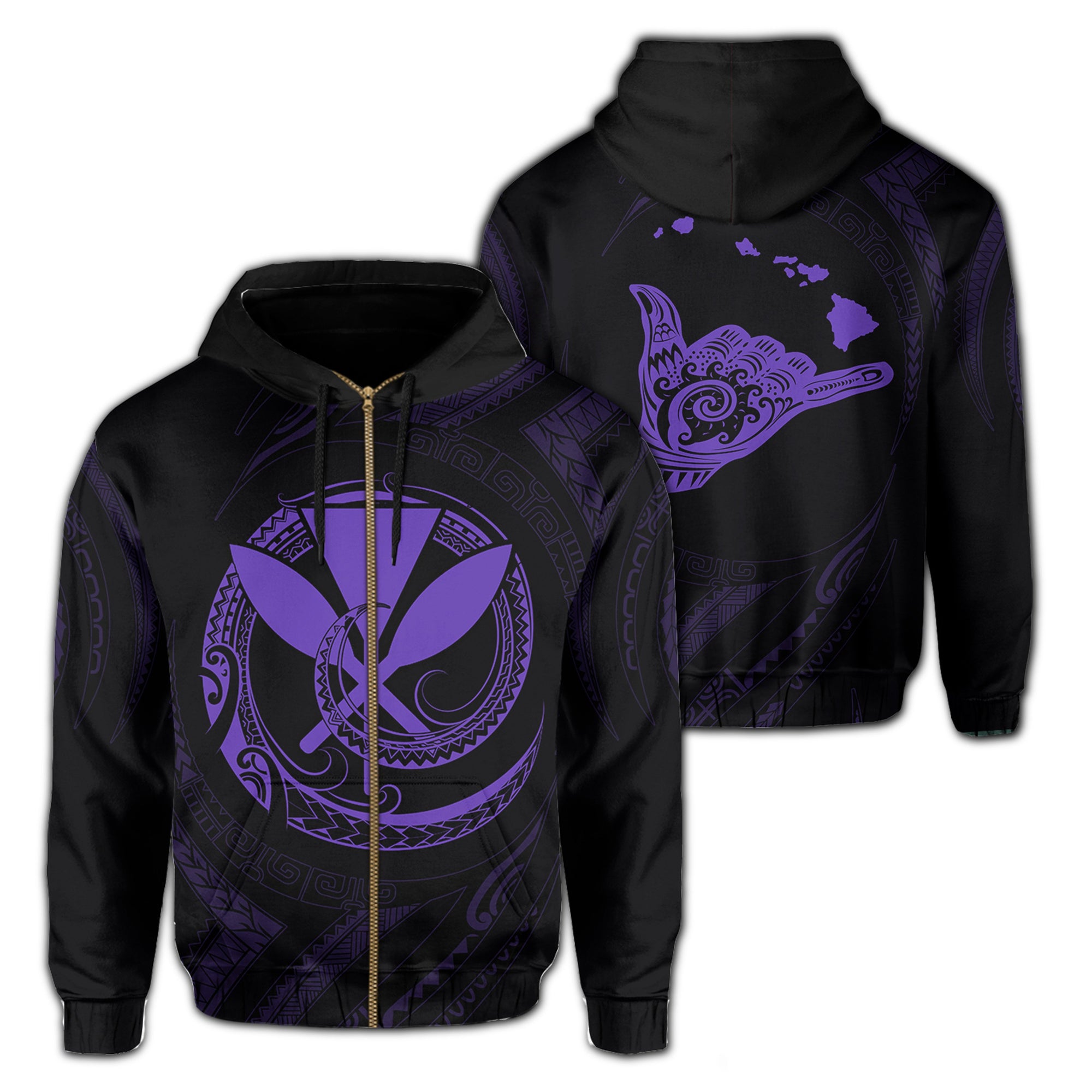 Polynesian Kanaka Shaka Map of Hawaii Zip Hoodie Purple Unisex Purple - Polynesian Pride