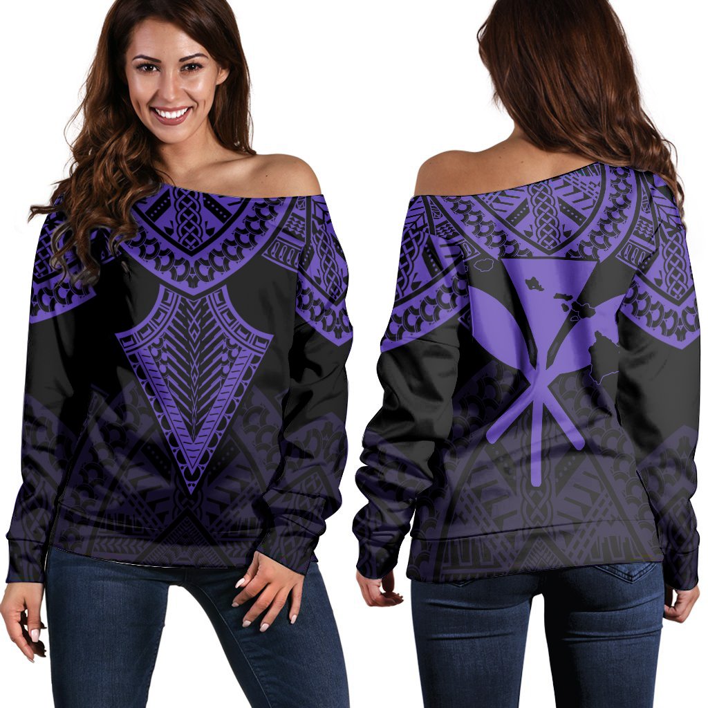 Hawaii Polynesian Limited Women's Off Shoulder Sweater - Tab Style Purple - AH Black - Polynesian Pride