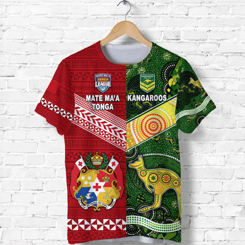 Custom Mate Maa Tonga Ngatu and Australia Kangaroos Aboriginal T Shirt Rugby Together LT8 Kid - Polynesian Pride